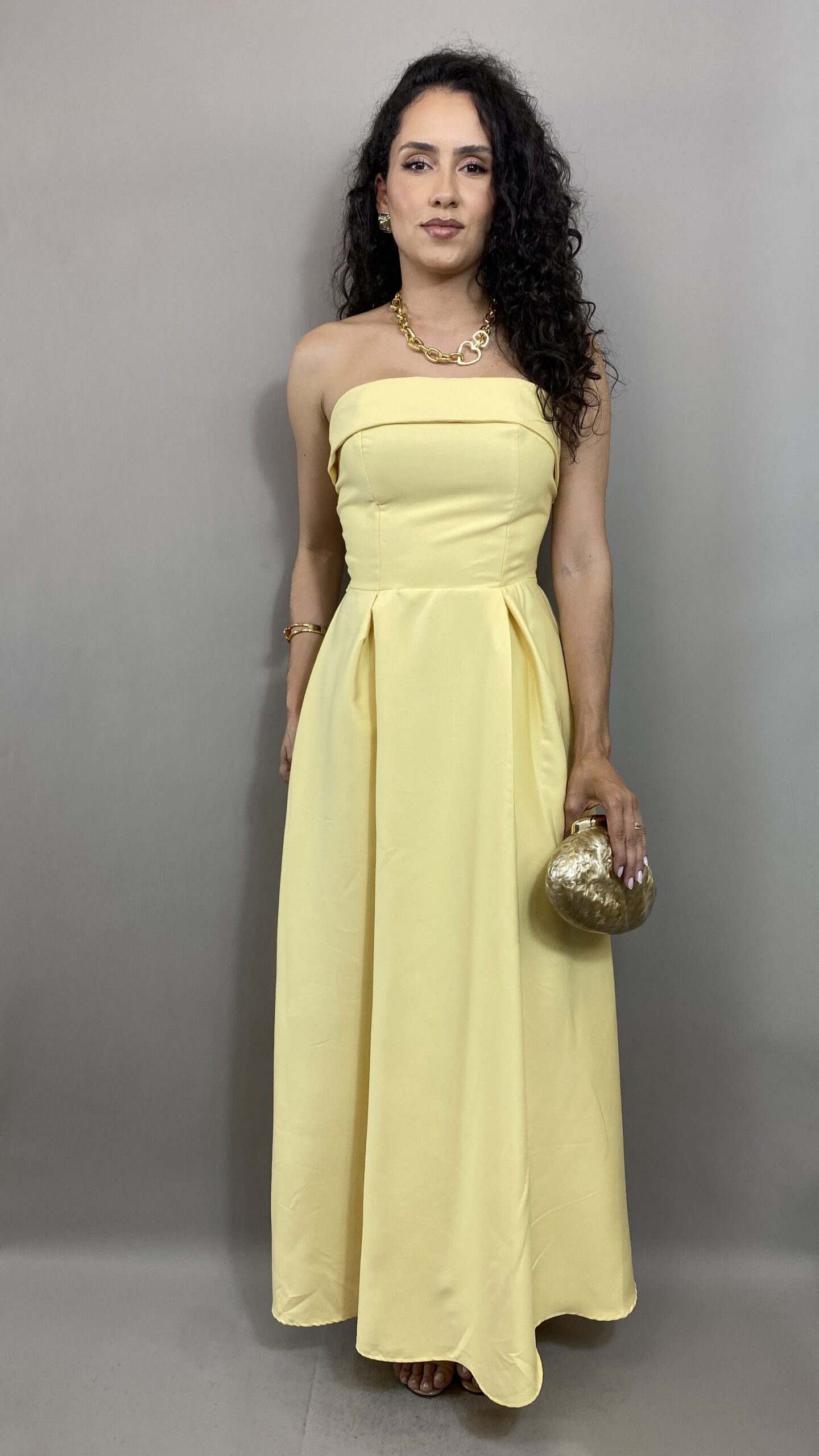 IMG_8883 VESTIDO LONGO FEMININO AMARELO CLARO TOMARA QUE CAIA COM LAÇO NAS COSTAS - Imagem 1
